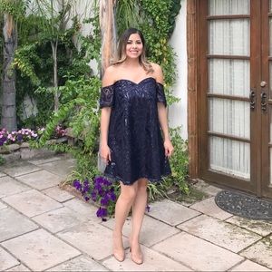 Blue Off Shoulder Dress In Sequins & Lace